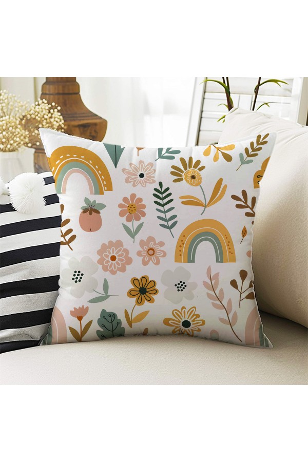 Çiçekli Boho Gökkuşağı Desenli Kız Çocuk Dekoratif Çift Taraflı Kırlent Kılıfı 43x43cm