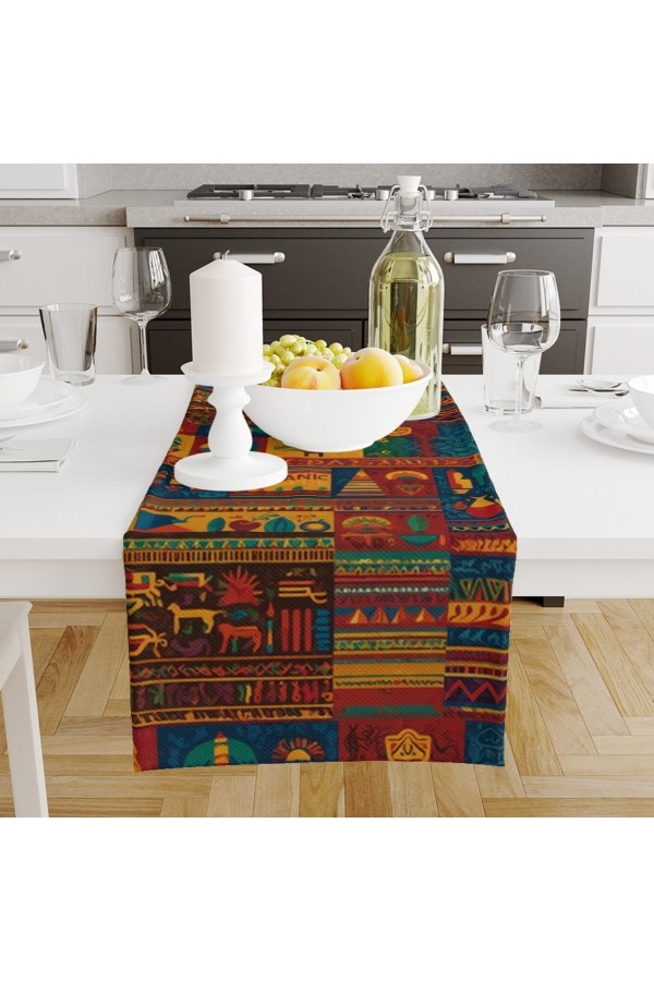 Renkli Hitit Otantik Desenli Baskılı Leke Tutmaz Dertsiz Dekoratif Runner Örtüsü 40x140cm