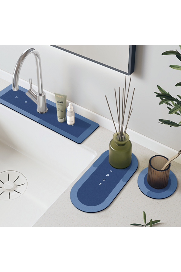 Else Mavi Musluk Matı 3 lü Set Mutfak Organizer Lavabo Matı Sabunluk Bulaşık Süngeri Matı