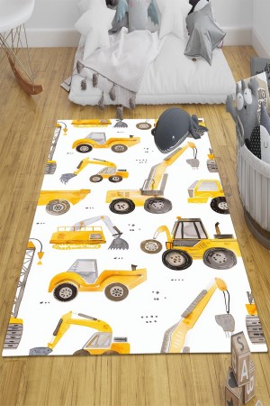 Sarı İş Makineleri Desenli Erkek Çocuk Odası Halısı Yıkanabilir Kaymaz Taban