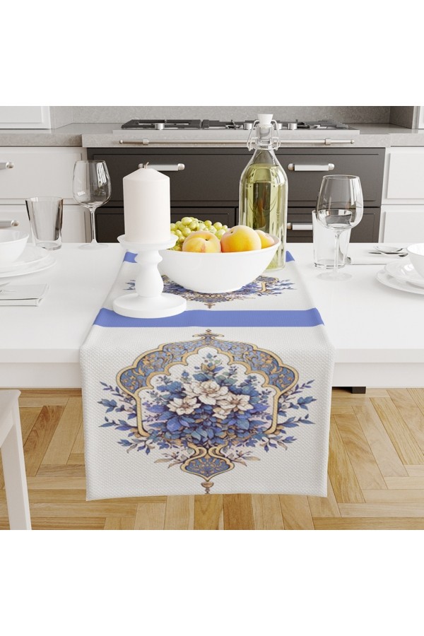 Mavi Beyaz Çiçekli Desenli Baskılı Leke Tutmaz Dertsiz Dekoratif Runner Örtüsü 40x140cm
