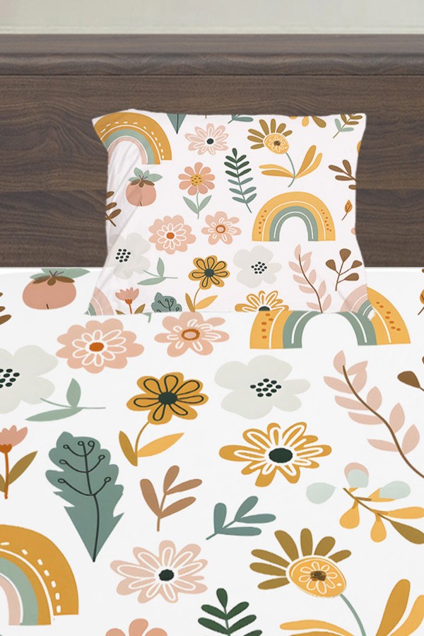 Çiçekli Boho Gökkuşağı Desenli Kız Çocuk Tek Kişilik Yastıklı Çarşaf Takımı 100x200 cm Çiçekli Boho Gökkuşağı Desenli Kız Çocuk Tek Kişilik Yastıklı Çarşaf Takımı 100x200 cm