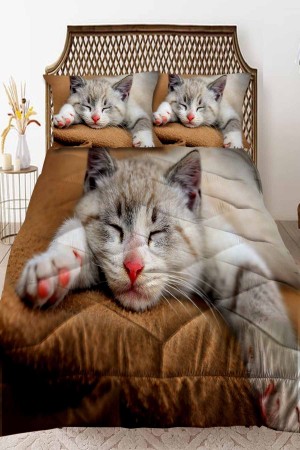 Sevimli Uyuyan Kedi Desenli Çift Kişilik Kapitoneli Yorgan Yastık Kılıflı Sevimli Uyuyan Kedi Desenli Çift Kişilik Kapitoneli Yorgan Yastık Kılıflı