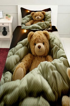Oyuncak Ayı Teddy Desenli Kız Çocuk Tek Kişilik Kapitoneli Pike Takımı Yatak Örtüsü