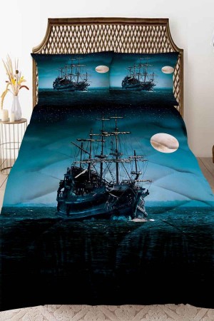 Mavi Dolunay Gemi Desenli Çift Kişilik Kapitoneli Yorgan Yastık Kılıflı