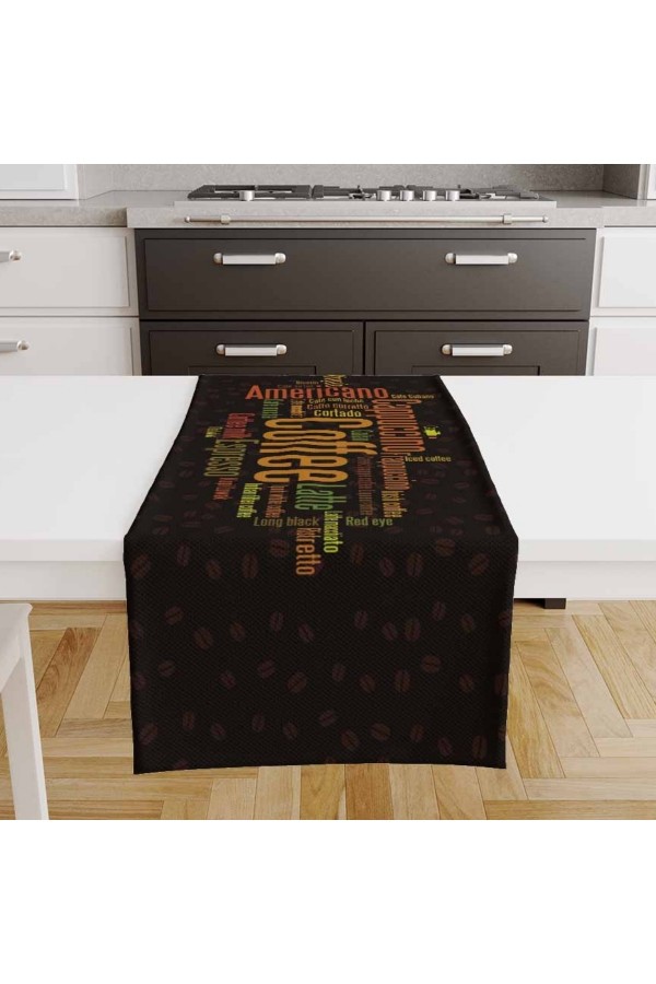 Kahve Yazılar Desenli Baskılı Leke Tutmaz Dertsiz Dekoratif Runner Örtüsü 40x140cm Kahve Yazılar Desenli Baskılı Leke Tutmaz Dertsiz Dekoratif Runner Örtüsü 40x140cm