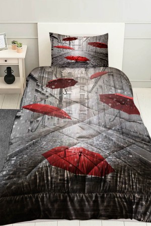 Kırmızı Şemsiyeler Desenli Tek Kişilik Kapitoneli Yorgan Yastık Kılıflı Kırmızı Şemsiyeler Desenli Tek Kişilik Kapitoneli Yorgan Yastık Kılıflı