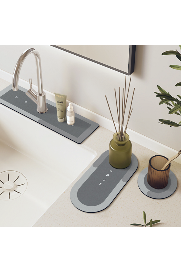 Else Gri Musluk Matı 3 lü Set Mutfak Organizer Lavabo Matı Sabunluk Bulaşık Süngeri Matı