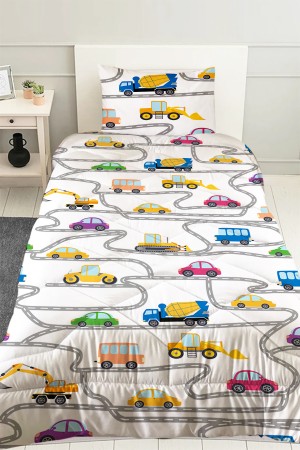 İş Makineleri Trafik Desenli Erkek Çocuk Tek Kişilik Kapitoneli Yorgan Yastık Kılıflı