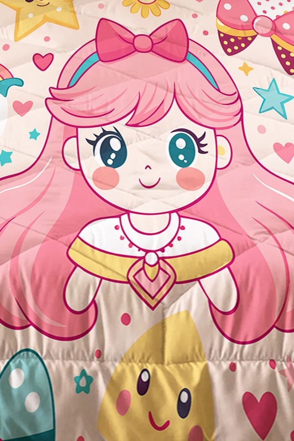 Anime Pembe Prenses Desenli Kız Çocuk Tek Kişilik Kapitoneli Yorgan Yastık Kılıflı