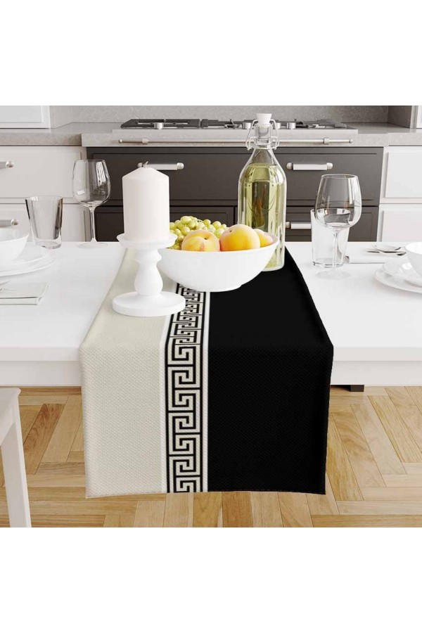 Siyah Beyaz Kilit Desenli Baskılı Leke Tutmaz Dertsiz Dekoratif Runner Örtüsü 40x140cm
