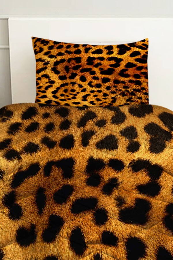 Kahve Siyah Leopar Desenli Çift Kişilik Kapitoneli Yorgan Yastık Kılıflı