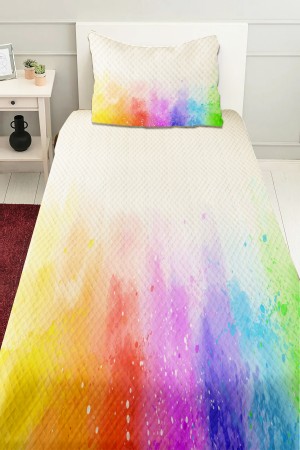 Gökkuşağı Desenli Kız Çocuk Tek Kişilik Pike Takımı Kapitoneli Yatak Örtüsü GK