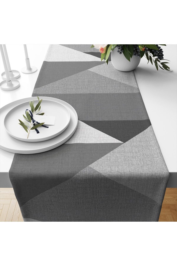 Gri Üçgenler Desenli Baskılı Leke Tutmaz Dertsiz Dekoratif Runner Örtüsü 40x140cm