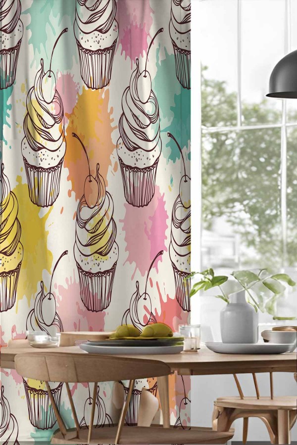 Renkli Cup Kekler Desenli Djital Baskılı Yemek Odası Mutfak Fon Perde 140x260cm Renkli Cup Kekler Desenli Djital Baskılı Yemek Odası Mutfak Fon Perde 140x260cm