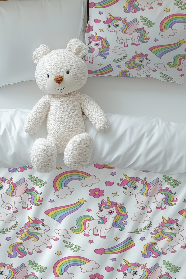 Gökkuşağı Unicorn Atlı Desenli Kız Çocuk Tek Kişilik Nevresim Takımı Yastık Kılıflı
