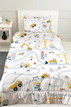 İnşaat İş Makineleri Desenli Erkek Çocuk Tek Kişilik Kapitoneli Yorgan Kılıfı Uyku Seti