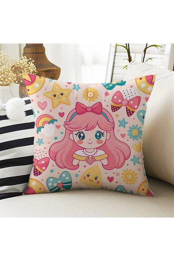 Anime Pembe Prenses Desenli Kız Çocuk Dekoratif Çift Taraflı Kırlent Kılıfı 43x43cm