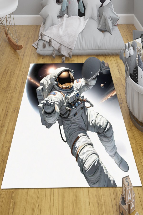 Astronot Kozmonot Desenli Erkek Çocuk Odası Halısı Kaymaz Taban Yıkanabilir