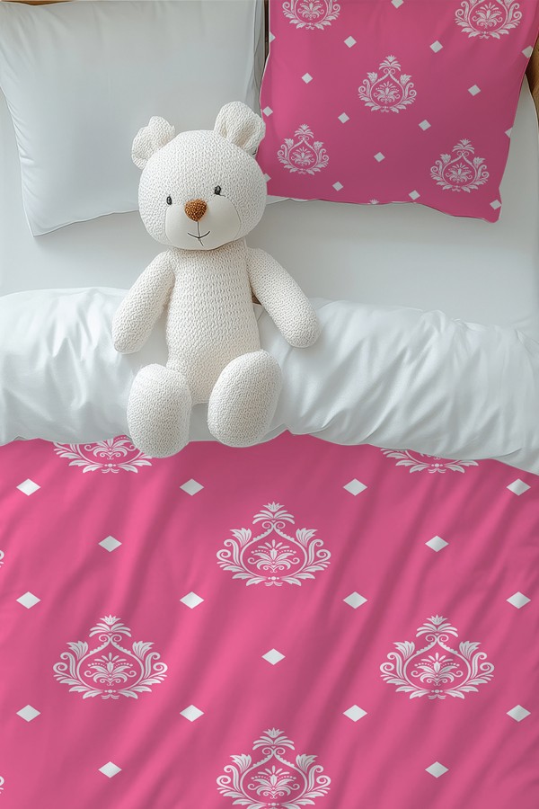 Pembe Beyaz Retro Desenli Kız Çocuk Tek Kişilik Nevresim Takımı Yastık Kılıflı