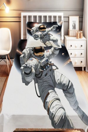 Astronot Kozmonot Desenli Erkek Çocuk Tek Kişilik Dekoratif Yatak Örtüsü Yastık Kılıflı