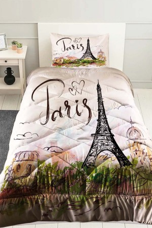 Paris Eyfel Kulesi Desenli Tek Kişilik Kapitoneli Yorgan Yastık Kılıflı