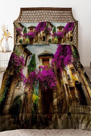 Alaçatı Mor Ağaç Desenli Çift Kişilik Kapitoneli Yorgan Yastık Kılıflı