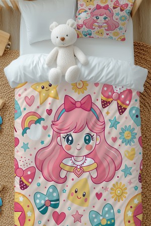 Anime Pembe Prenses Desenli Kız Çocuk Tek Kişilik Nevresim Takımı Yastık Kılıflı