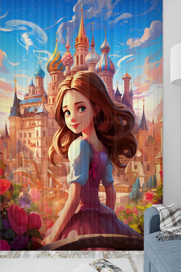 Prenses Şatalu Desenli Kız Çocuk Tül Perde Tek Kanat 140x260cm