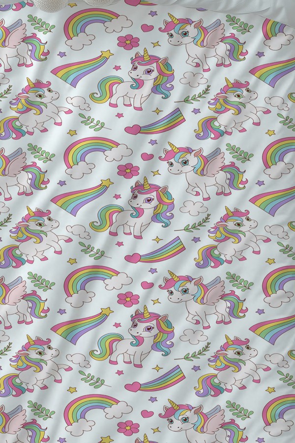 Gökkuşağı Unicorn Atlı Desenli Kız Çocuk Tek Kişilik Nevresim Takımı Yastık Kılıflı