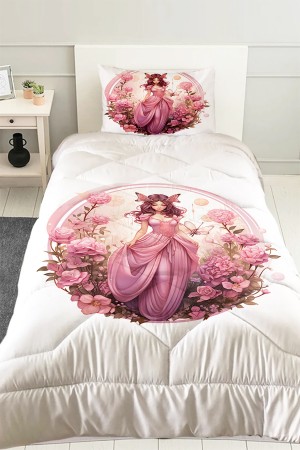 Pembe Prenses Perili Desenli Kız Çocuk Tek Kişilik Kapitoneli Yorgan Yastık Kılıflı