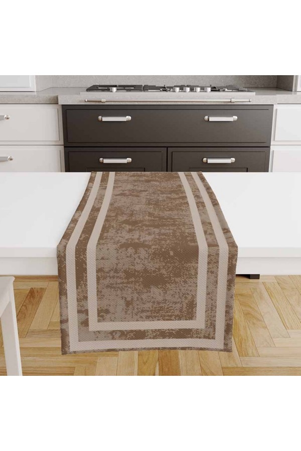 Açık Kahve Çizgili Desenli Baskılı Leke Tutmaz Dertsiz Dekoratif Runner Örtüsü 40x140cm