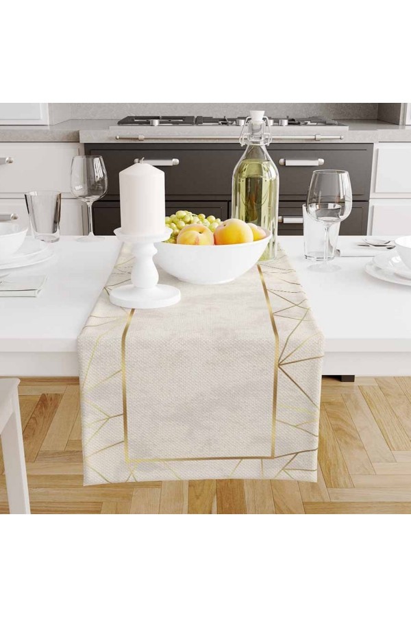 Sarı Gri Çizgili Desenli Baskılı Leke Tutmaz Dertsiz Dekoratif Runner Örtüsü 40x140cm