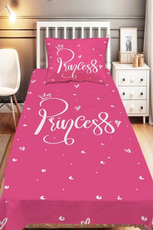 Pembe Beyaz Prenses Yazılı Desenli Kız Çocuk Tek Kişilik Dekoratif Yatak Örtüsü Yastık Kılıflı