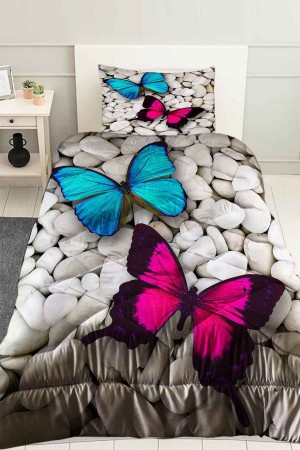 Pembe Mavş Kelebekler Desenli Tek Kişilik Kapitoneli Yorgan Yastık Kılıflı