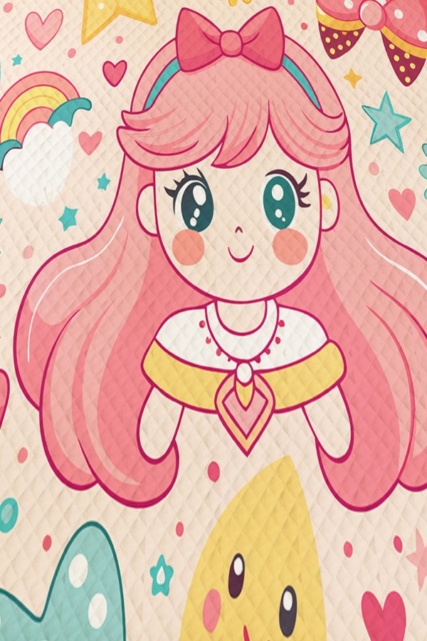 Anime Pembe Prenses Desenli Kız Çocuk Tek Kişilik Pike Takımı Kapitoneli Yatak Örtüsü