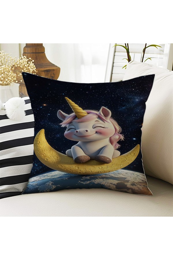 Ayda Oturan Unicorn Desenli Kız Çocuk Dekoratif Çift Taraflı Kırlent Kılıfı 43x43cm