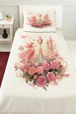 Pembe Perili Çiçekli Desenli Çocuk Tek Kişilik Pike Takımı Kapitoneli Yatak Örtüsü