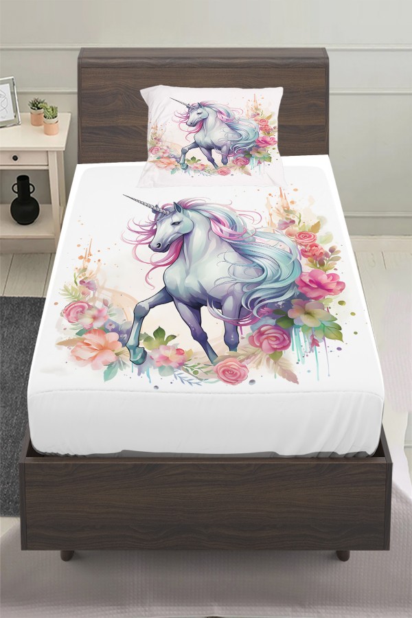 Renkli Çiçekli Unicorn Atlı Desenli Kız Çocuk Tek Kişilik Yastıklı Lastikli Çarşaf Takımı 100x200cm
