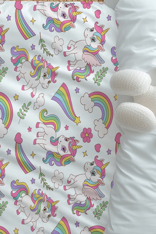 Gökkuşağı Unicorn Atlı Desenli Kız Çocuk Tek Kişilik Nevresim Takımı Yastık Kılıflı
