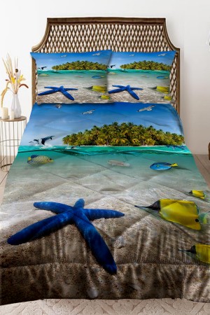 Tropikal Ada Deniz Desenli Çift Kişilik Kapitoneli Yorgan Yastık Kılıflı Tropikal Ada Deniz Desenli Çift Kişilik Kapitoneli Yorgan Yastık Kılıflı