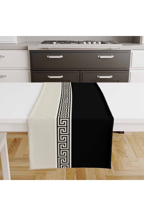 Siyah Beyaz Kilit Desenli Baskılı Leke Tutmaz Dertsiz Dekoratif Runner Örtüsü 40x140cm
