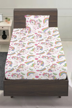 Gökkuşağı Unicorn Atlı Desenli Kız Çocuk Tek Kişilik Yastıklı Lastikli Çarşaf Takımı 100x200cm Gökkuşağı Unicorn Atlı Desenli Kız Çocuk Tek Kişilik Yastıklı Lastikli Çarşaf Takımı 100x200cm