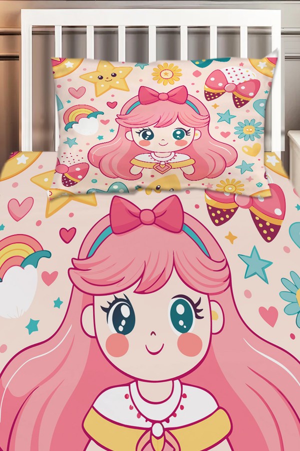 Anime Pembe Prenses Desenli Kız Çocuk Tek Kişilik Dekoratif Yatak Örtüsü Yastık Kılıflı