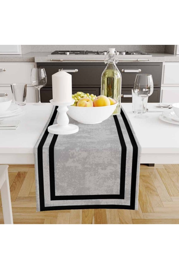 Açık Gri Siyah Çizgi Desenli Baskılı Leke Tutmaz Dertsiz Dekoratif Runner Örtüsü 40x140cm