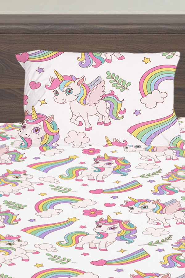 Gökkuşağı Unicorn Atlı Desenli Kız Çocuk Tek Kişilik Yastıklı Lastikli Çarşaf Takımı 100x200cm Gökkuşağı Unicorn Atlı Desenli Kız Çocuk Tek Kişilik Yastıklı Lastikli Çarşaf Takımı 100x200cm