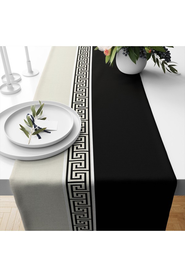 Siyah Beyaz Kilit Desenli Baskılı Leke Tutmaz Dertsiz Dekoratif Runner Örtüsü 40x140cm