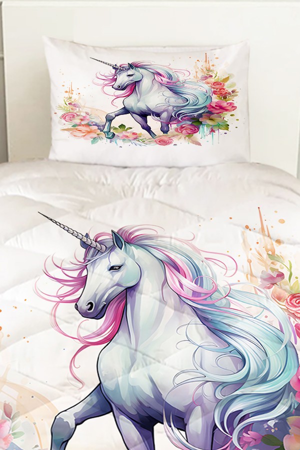 Renkli Çiçekli Unicorn Atlı Desenli Kız Çocuk Tek Kişilik Kapitoneli Yorgan Yastık Kılıflı