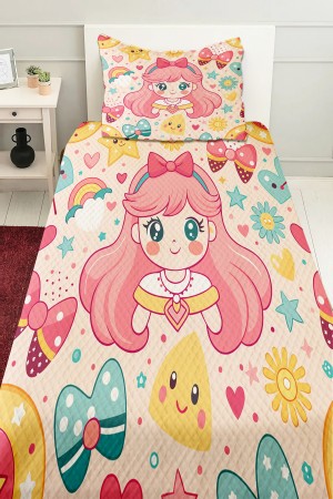 Anime Pembe Prenses Desenli Kız Çocuk Tek Kişilik Pike Takımı Kapitoneli Yatak Örtüsü