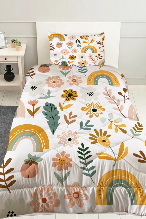 Çiçekli Boho Gökkuşağı Desenli Kız Çocuk Tek Kişilik Kapitoneli Yorgan Kılıfı Uyku Seti